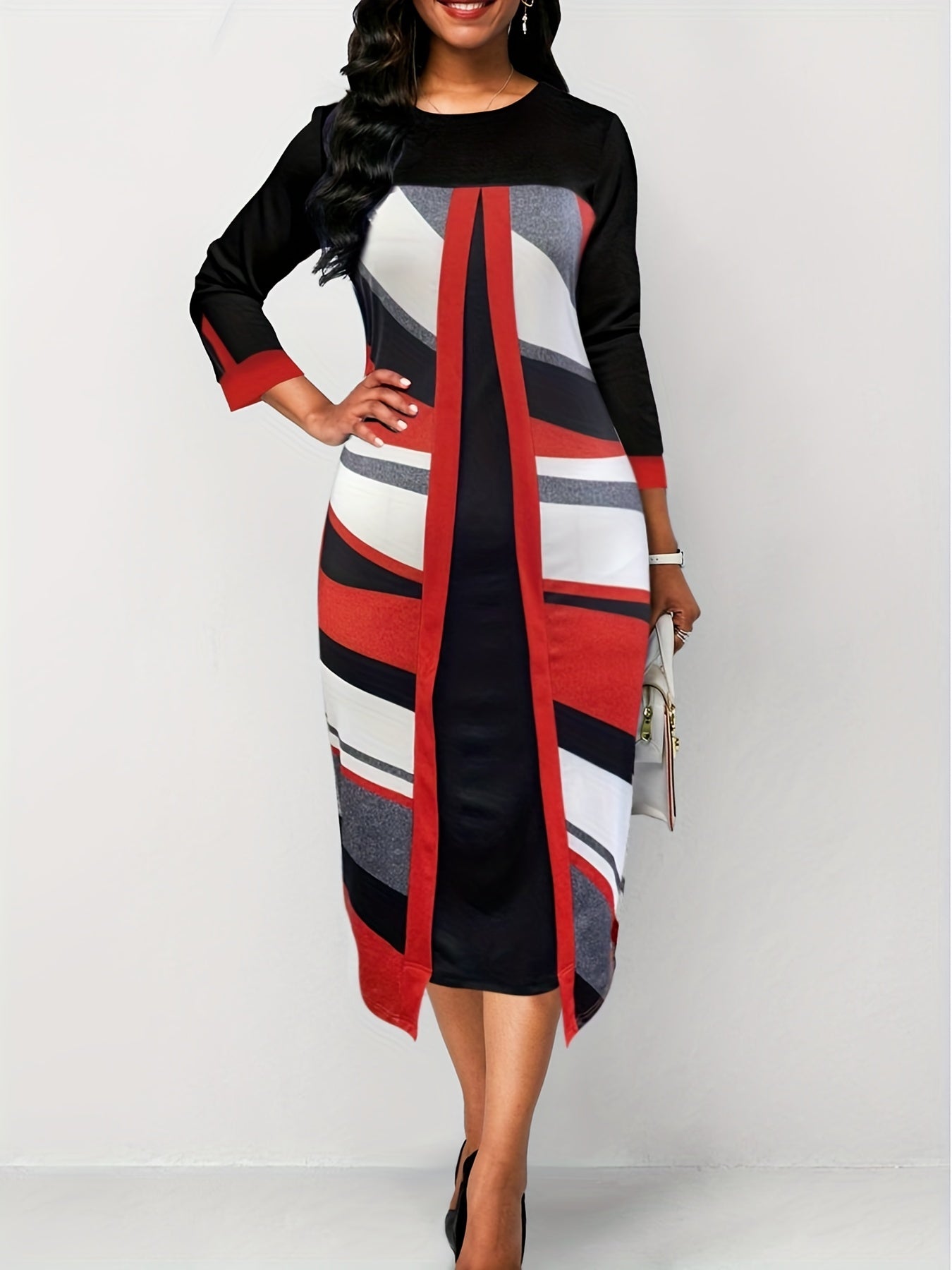  Colorblock Geometric Print Long Sleeve Dress