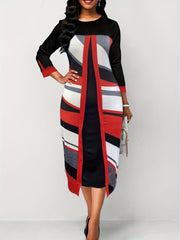  Colorblock Geometric Print Long Sleeve Dress