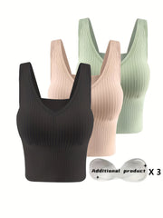 3pcs Ribbed Tank Top Bra Detachable Chest Pads Women's Lingerie