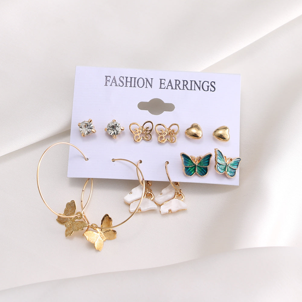 Butterfly Drop Earrings & Faux Pearl Stud Set