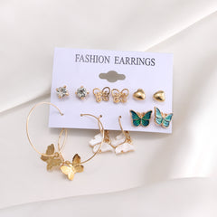 Butterfly Drop Earrings & Faux Pearl Stud Set