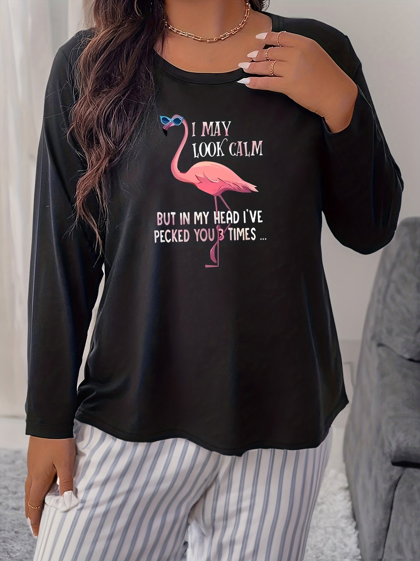  Flamingo Print Long Sleeve Lounge Top