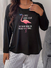  Flamingo Print Long Sleeve Lounge Top