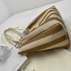 Colorblock Woven Beach Bag Striped Shoulder Tote for Travel