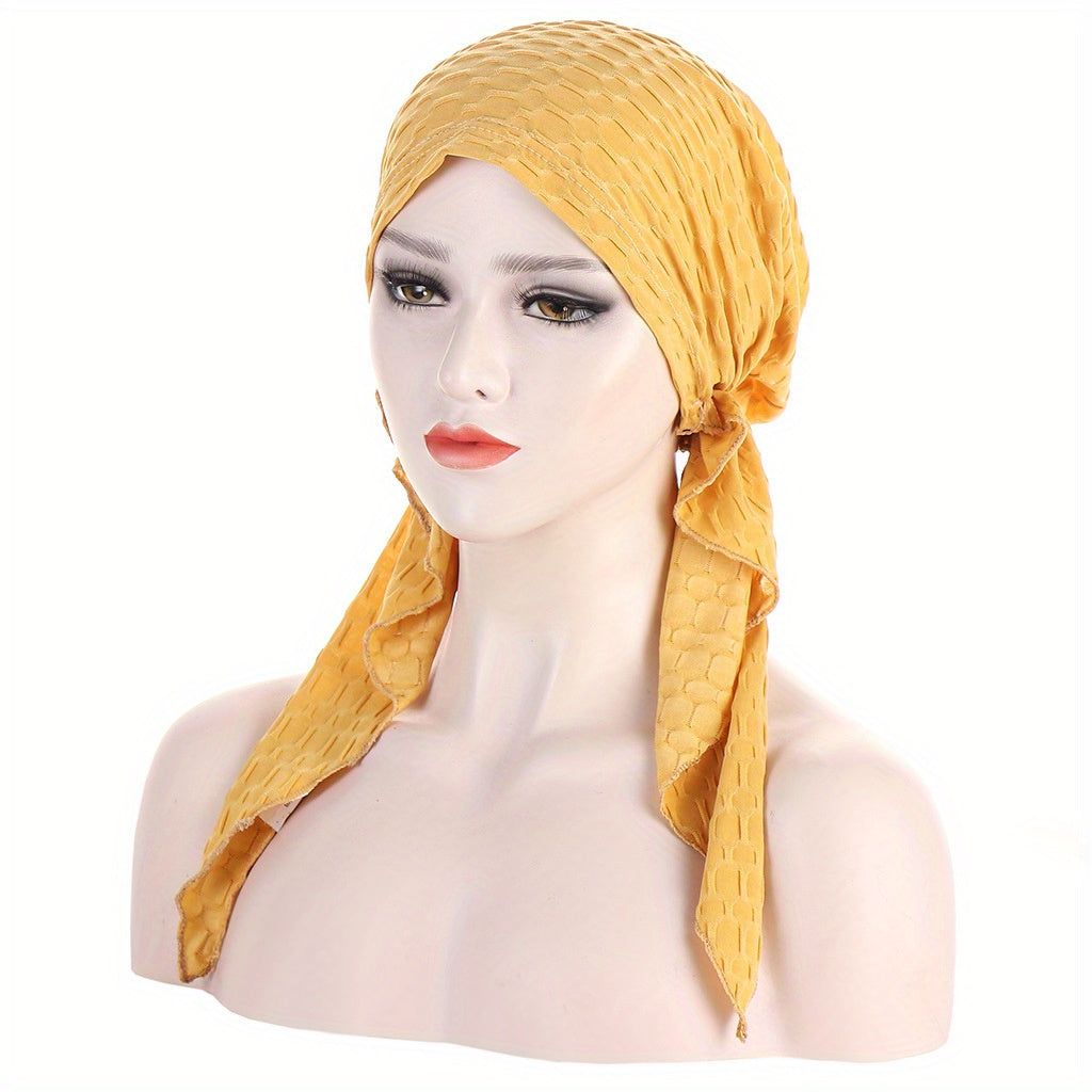 Solid Embossed Turban Cap Elastic Headscarf Women Ramadan Hijab Bandana