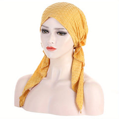 Solid Embossed Turban Cap Elastic Headscarf Women Ramadan Hijab Bandana