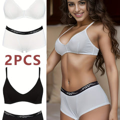 2 Sets Letter Print Bra & Panties Lingerie Set Women's Underwear