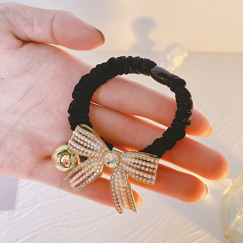 Golden Bead Rhinestone Bow Scrunchies Hair Ties Ponytail Holder
