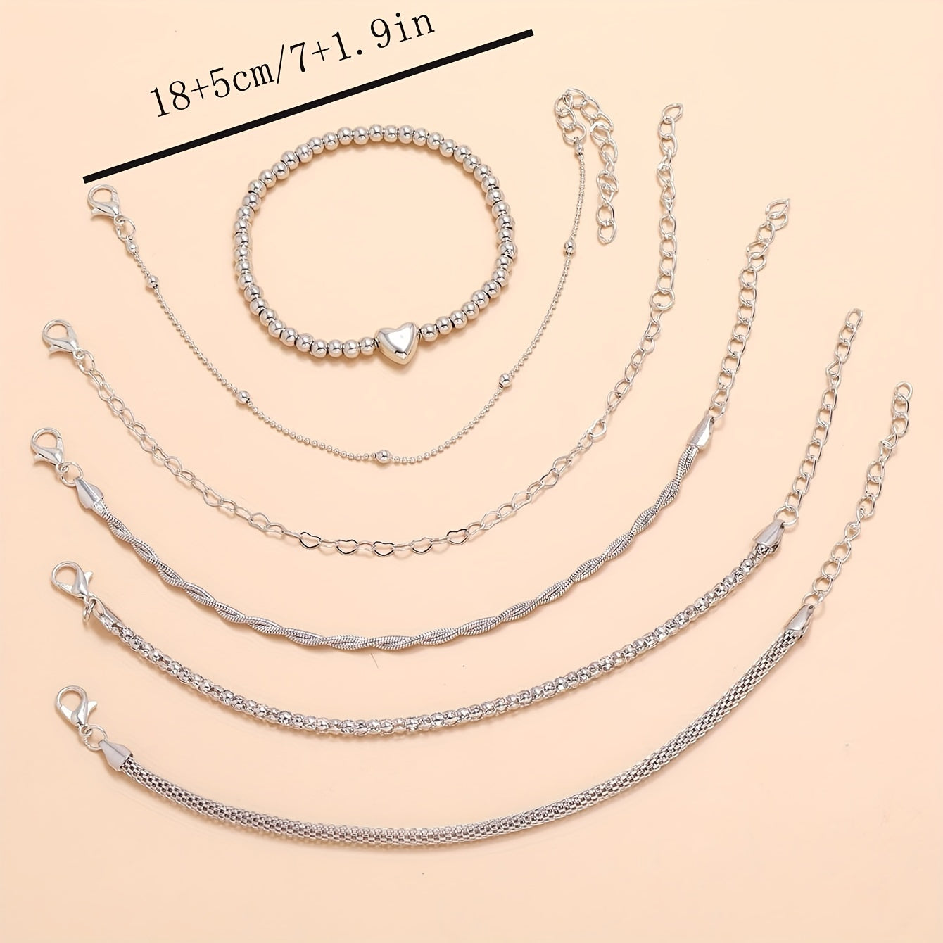 6pcs Silver Beaded Heart Pattern Multilayer Bracelet Set for Women