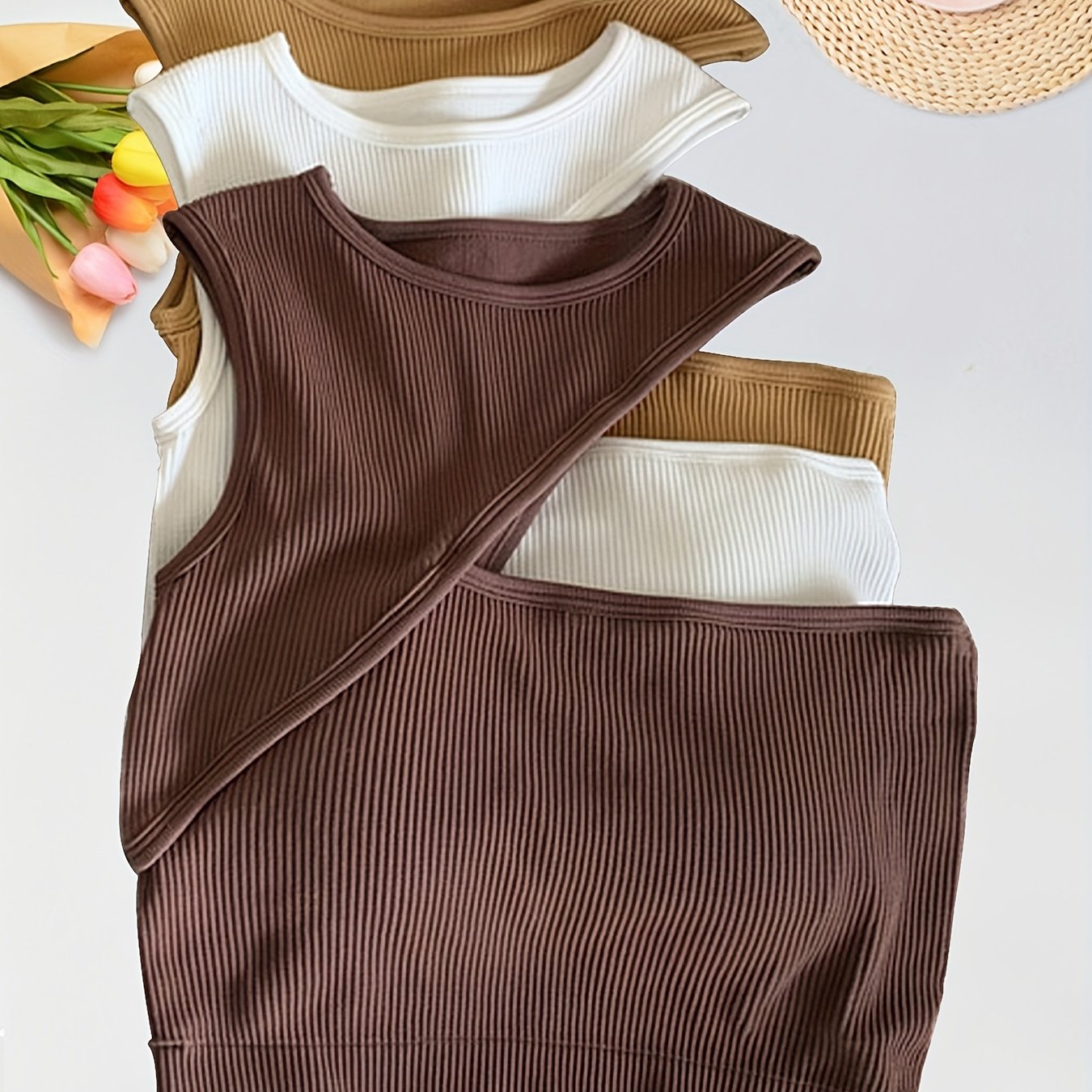 3pcs Girl's Ribbed Tank Top Cutout Comfy Soft Undershirts