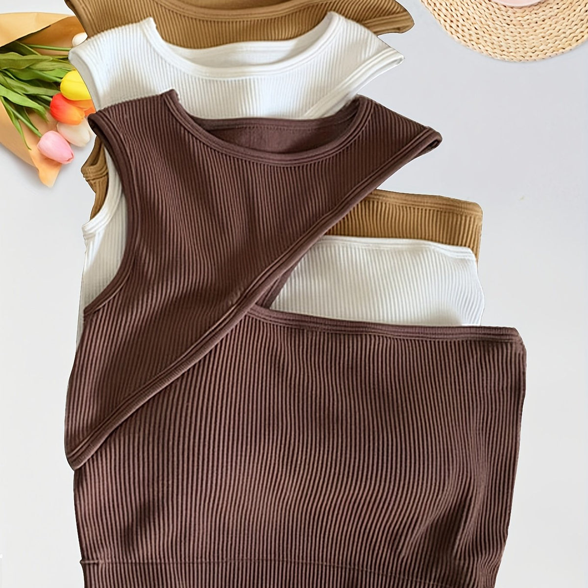 3pcs Girl's Ribbed Tank Top Cutout Comfy Soft Undershirts