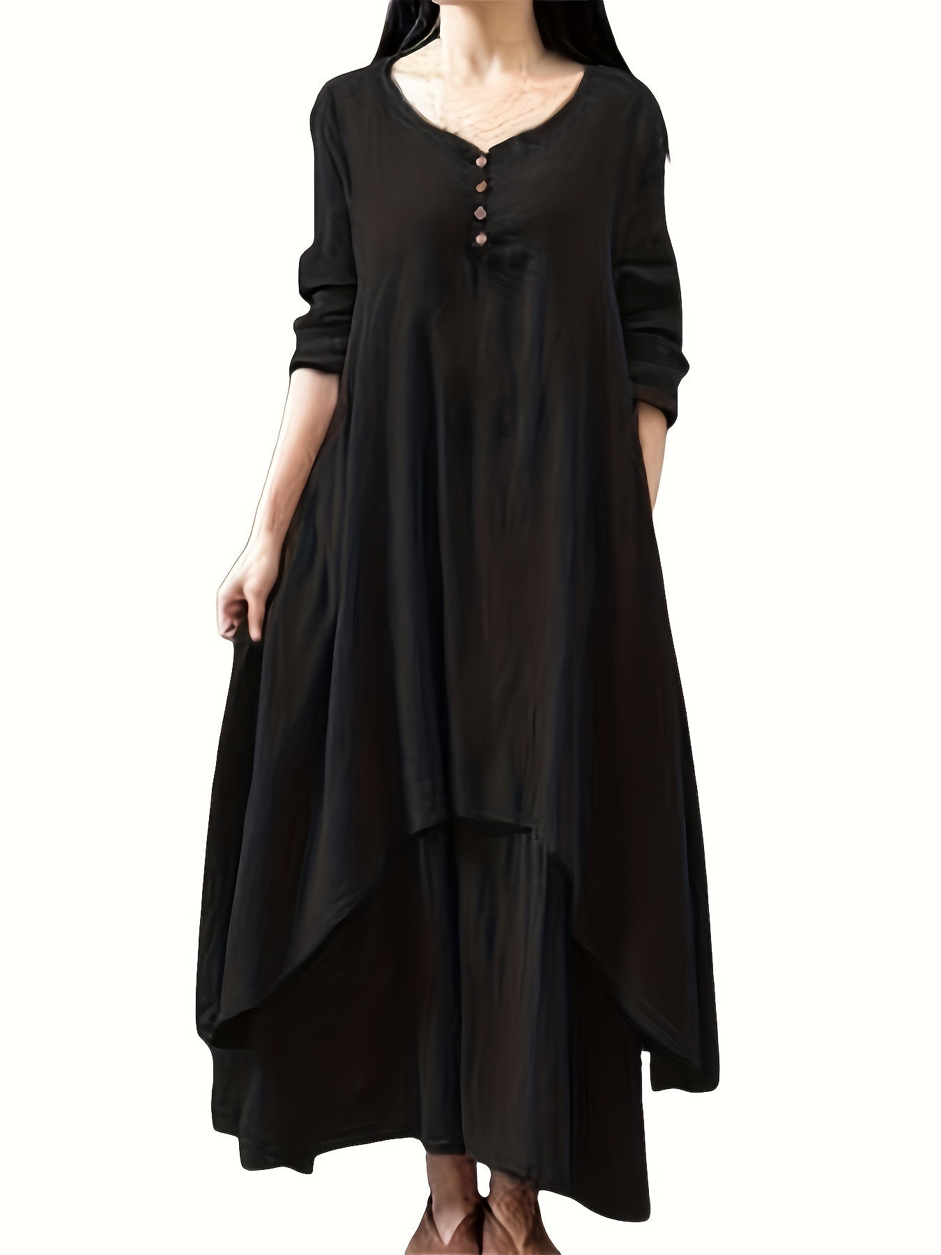  Solid Button Decor V Neck Maxi Dress