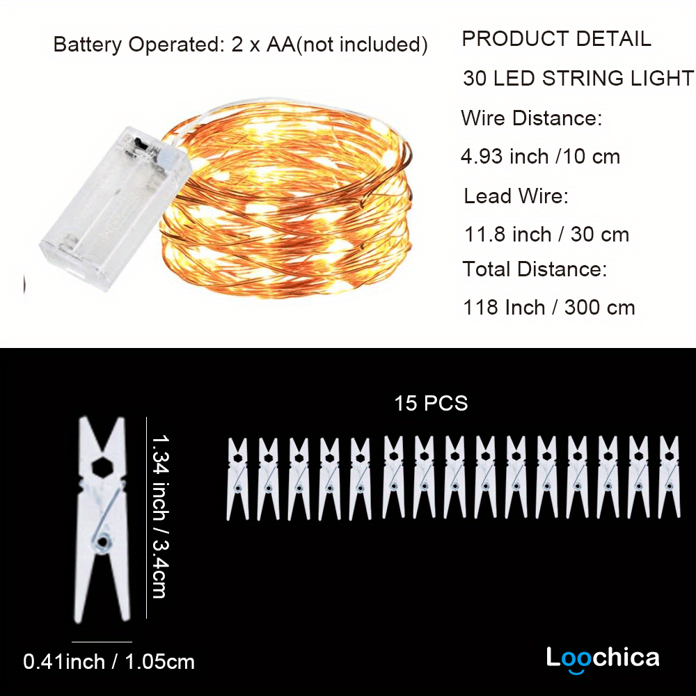 Loochica Photo Clip String Lights with 30 Clear Clips for Hanging Pictures