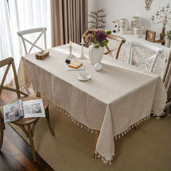 Boho Linen Tablecloth Beige Tassel Table Cover