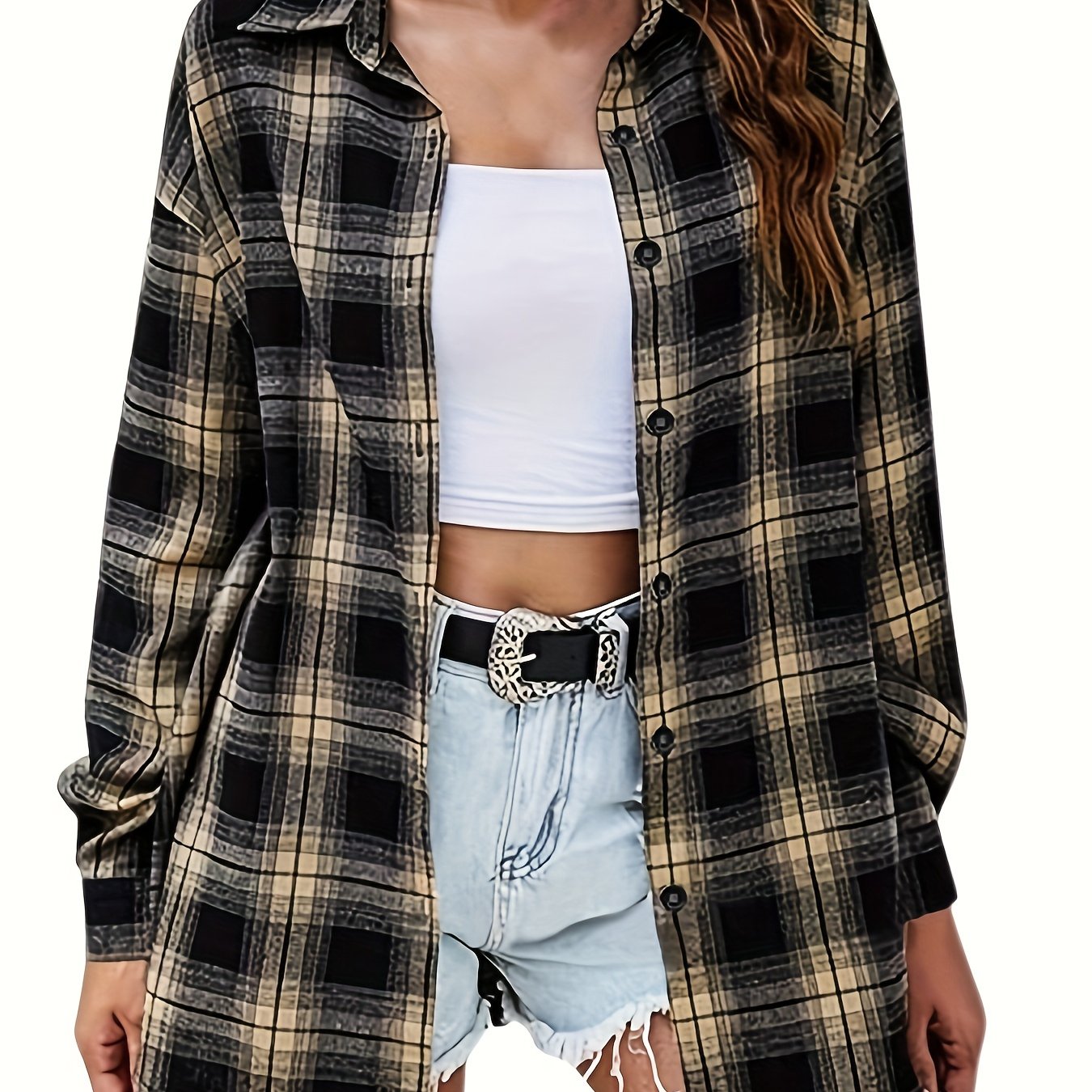  Plaid Print Button Up Long Sleeve Blouse