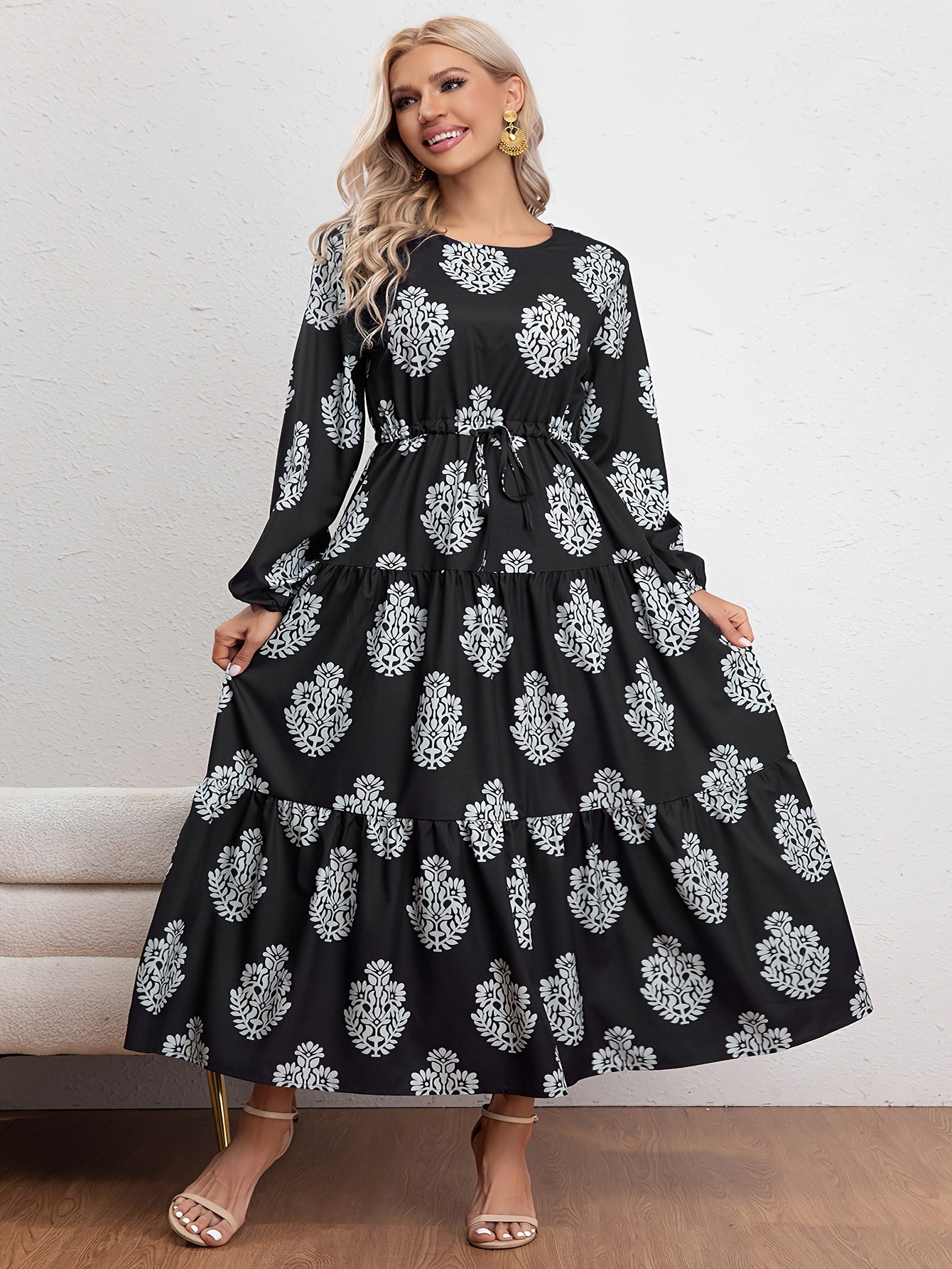  Casual Dress Women's Plus Floral Print Long Sleeve