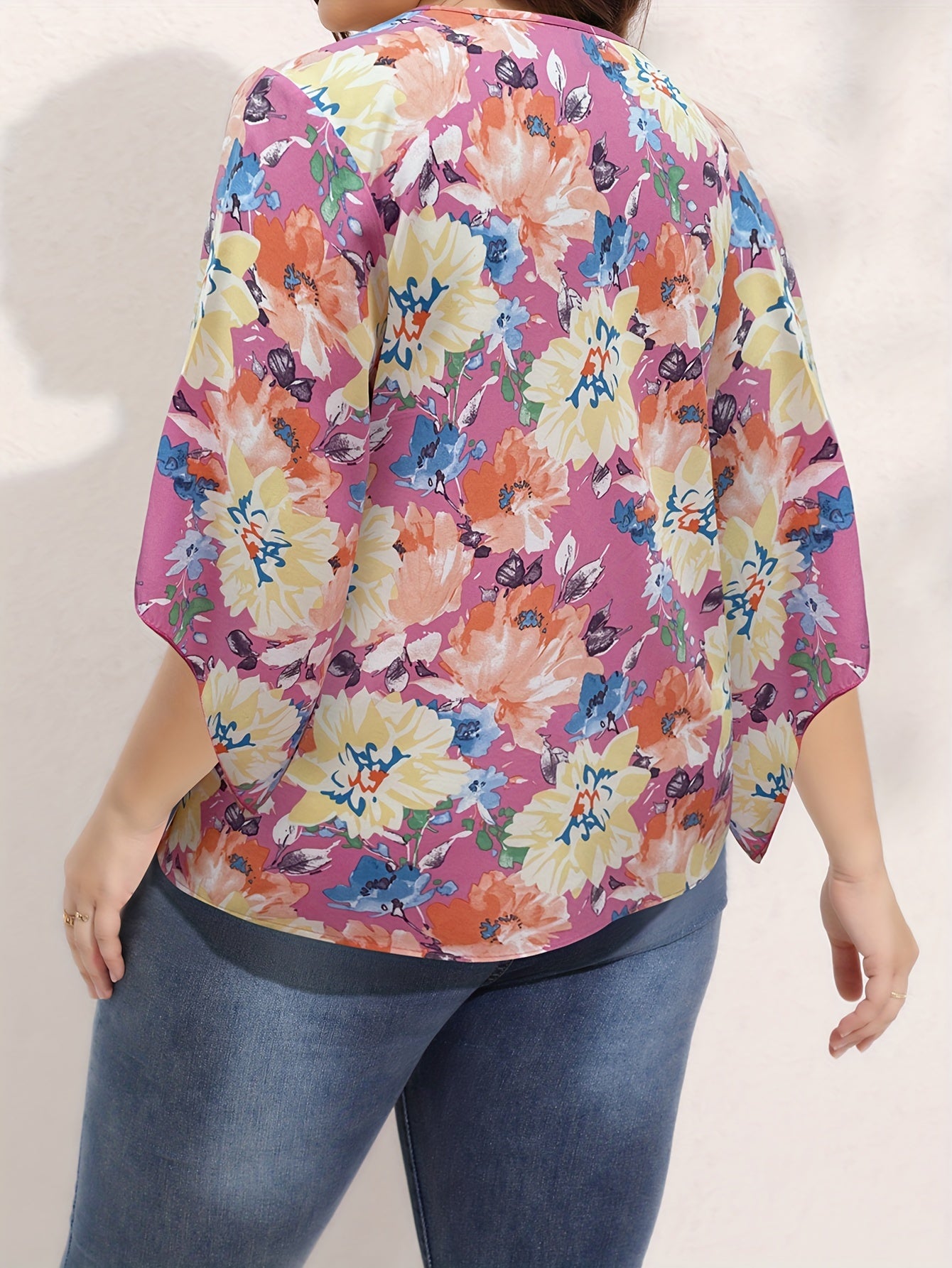  Vacay Blouse Women's Plus Floral Print Bat Sleeve V Neck Summer Top