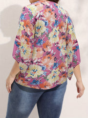  Vacay Blouse Women's Plus Floral Print Bat Sleeve V Neck Summer Top