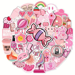 50 Pink Decal Stickers for Laptop and Water Bottle - Cute Vinyl Stickers