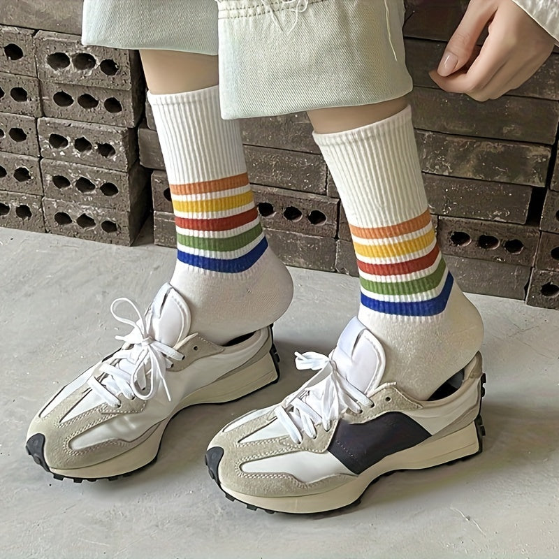 5 Pairs Rainbow Striped Socks Mid Tube Women's Stockings