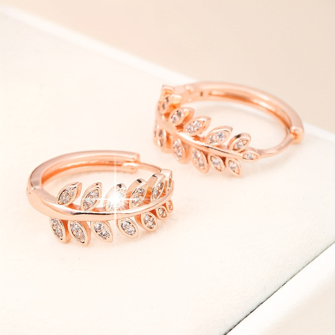 Leaf Shaped Hoop Huggie Earrings Inlaid Zircon 18K Plated