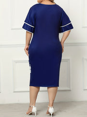  Colorblock Geometric Midi Dress V Neck Slim Fit