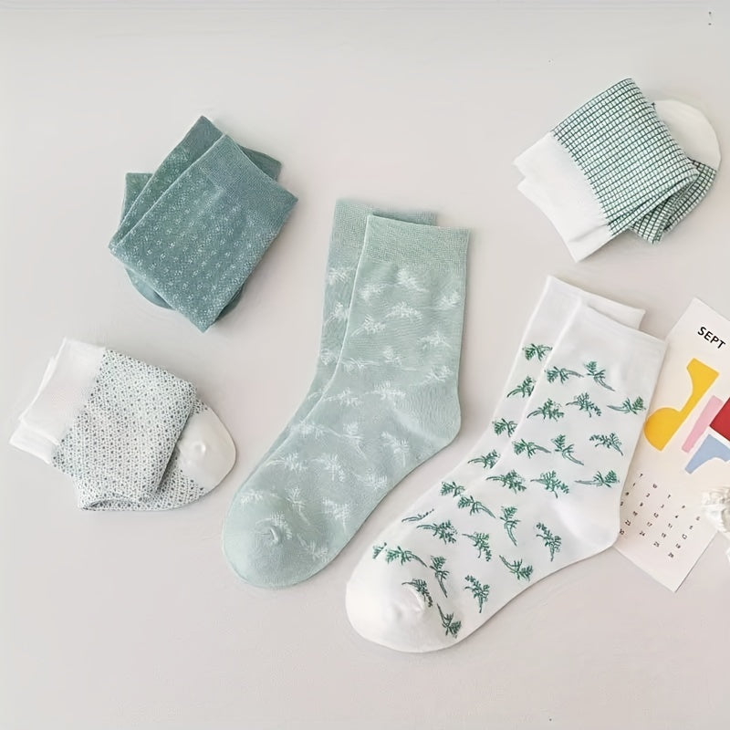 5 Pairs Floral & Plaid Print Comfy Mid Tube Socks Women's Stockings