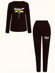  Letter & Dragonfly Print Tee & Legging Set
