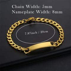 Personalized Name Men's Bracelet Engraved Stainless Steel Golden Nameplate Gift