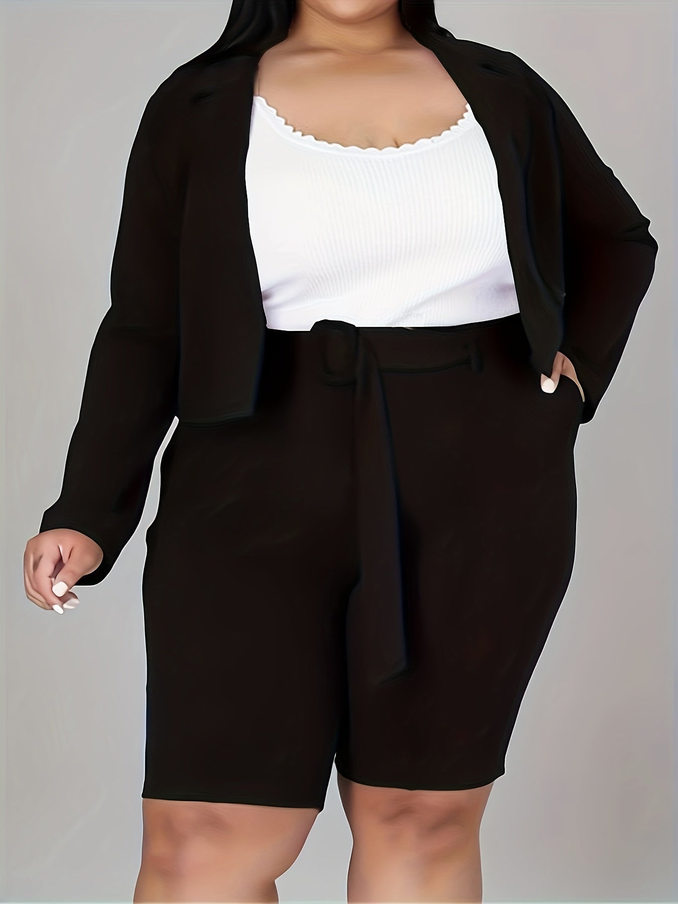  Solid Lapel Collar Blazer & Belted Pants Suit Set