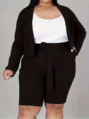  Solid Lapel Collar Blazer & Belted Pants Suit Set