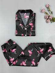 Flamingo Print Pajama Set Long Sleeve Top & Pants Women's Sleepwear