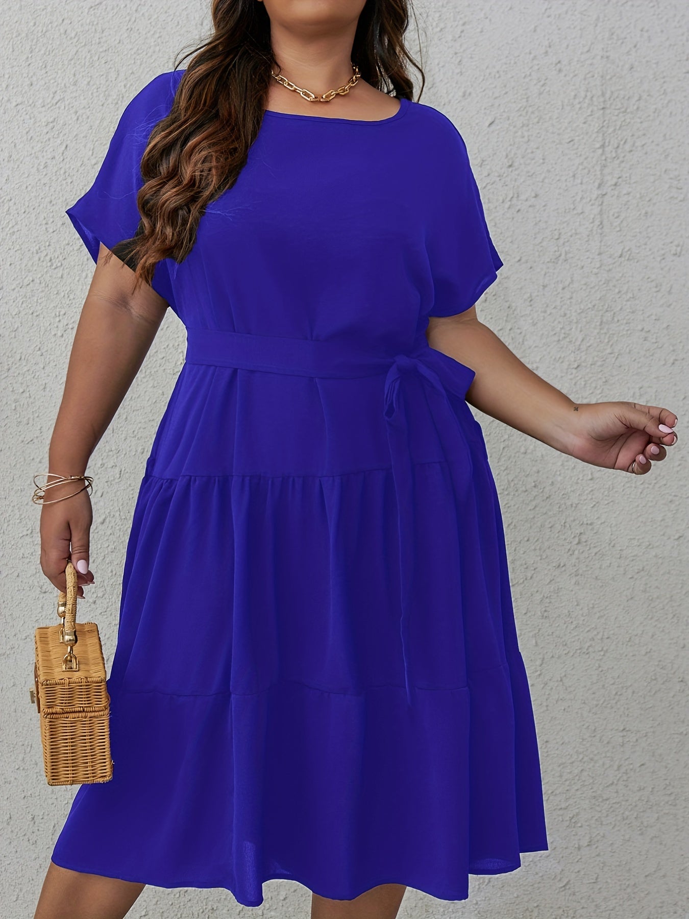  Women's Solid Batwing Ruffle Trim Dress