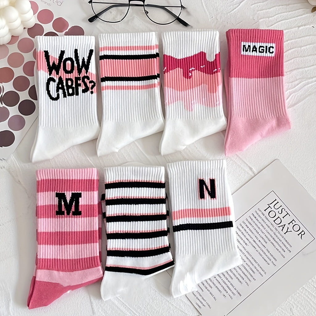 7 Pairs Letter & Striped Print Socks Women's Stockings