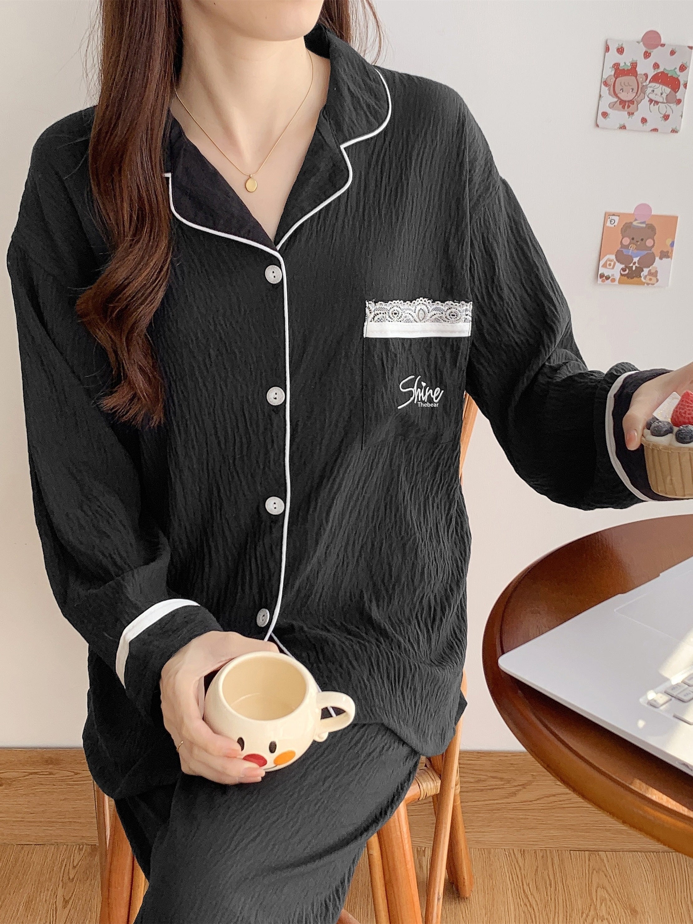 Women's Button Up Top & Pants Loungewear Set for Spring & Fall