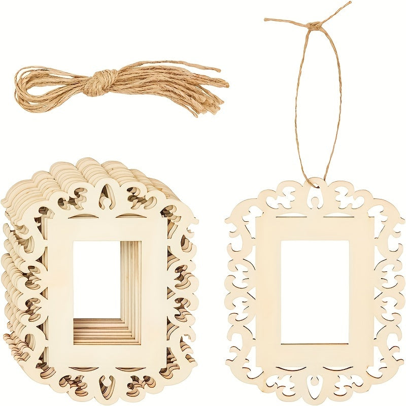 10pcs Unfinished Wooden Picture Frames DIY Ornaments + Jute Rope 11.94x16.0cm