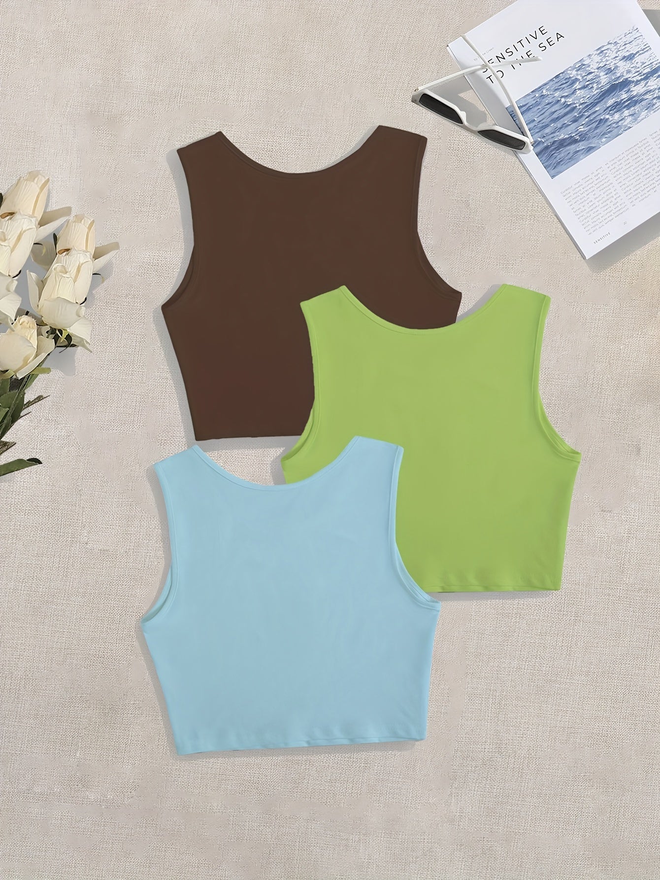 Y2K Crop Tank Top 3pcs Set Sleeveless Crew Neck Casual Top