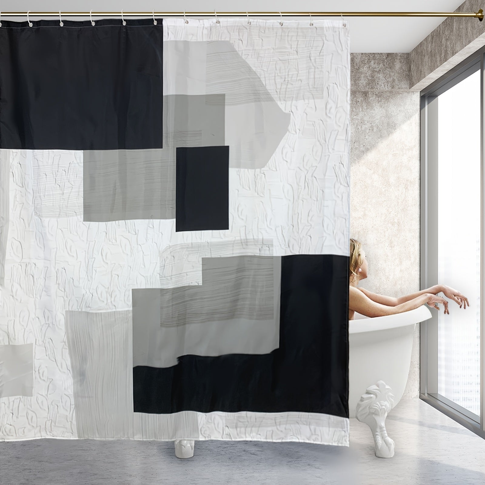 4 Piece Bathroom Set: Shower Curtain, Rugs, Non Slip Mat & Hooks