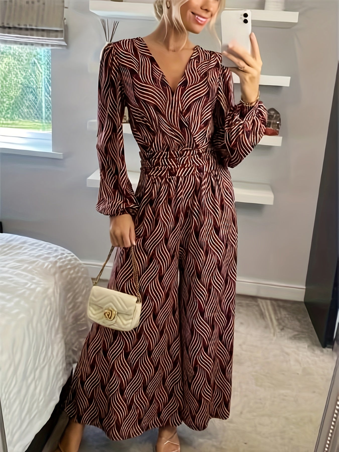  Stripe Print Lantern Sleeve V Neck Jumpsuit