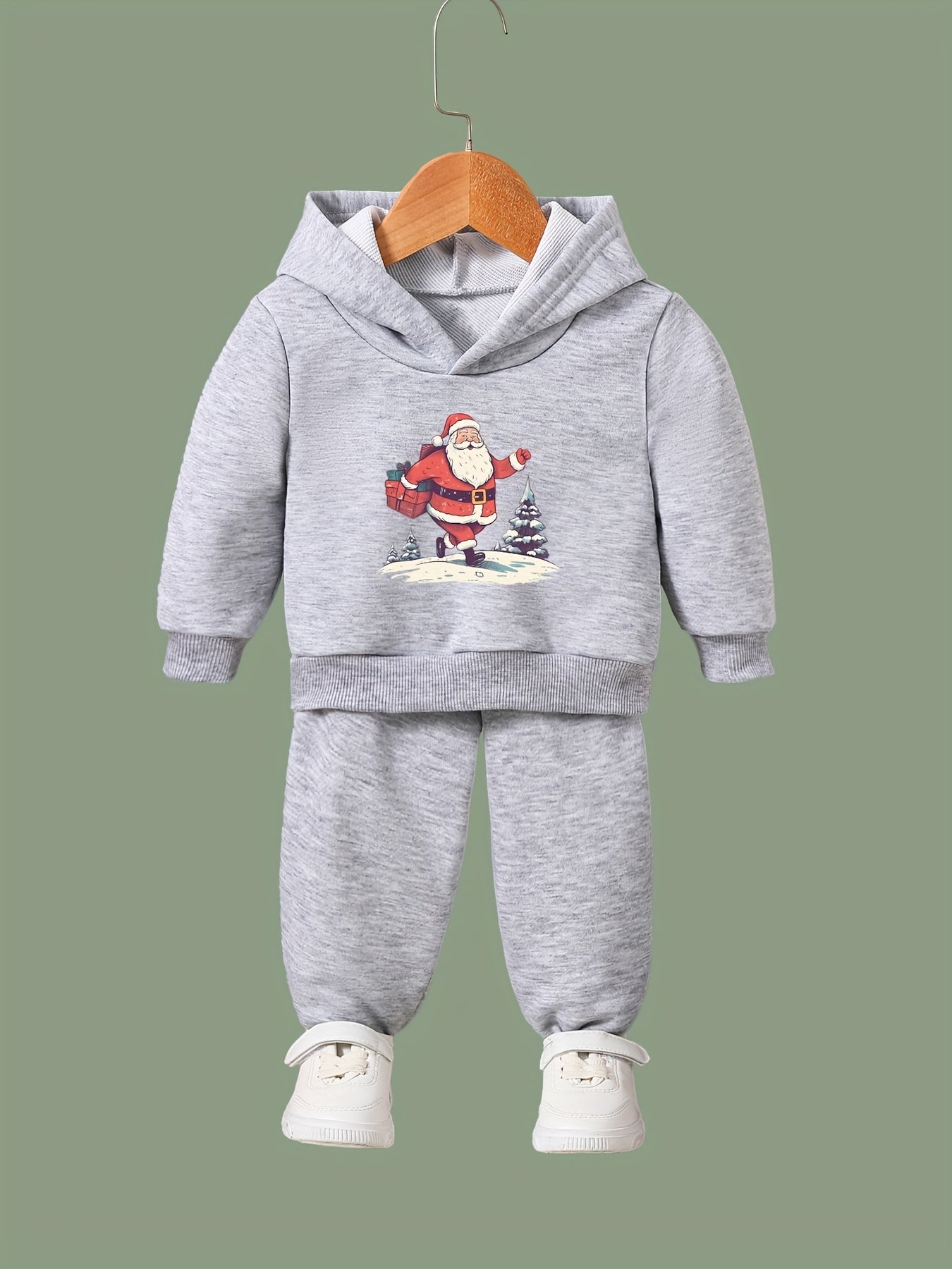 Santa On The Road Print 2pc Outfit Girls Hoodies Jogger Set For Sports Fall
