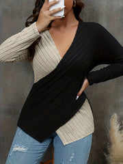  Colorblock Cross V Neck Knit Top Long Sleeve