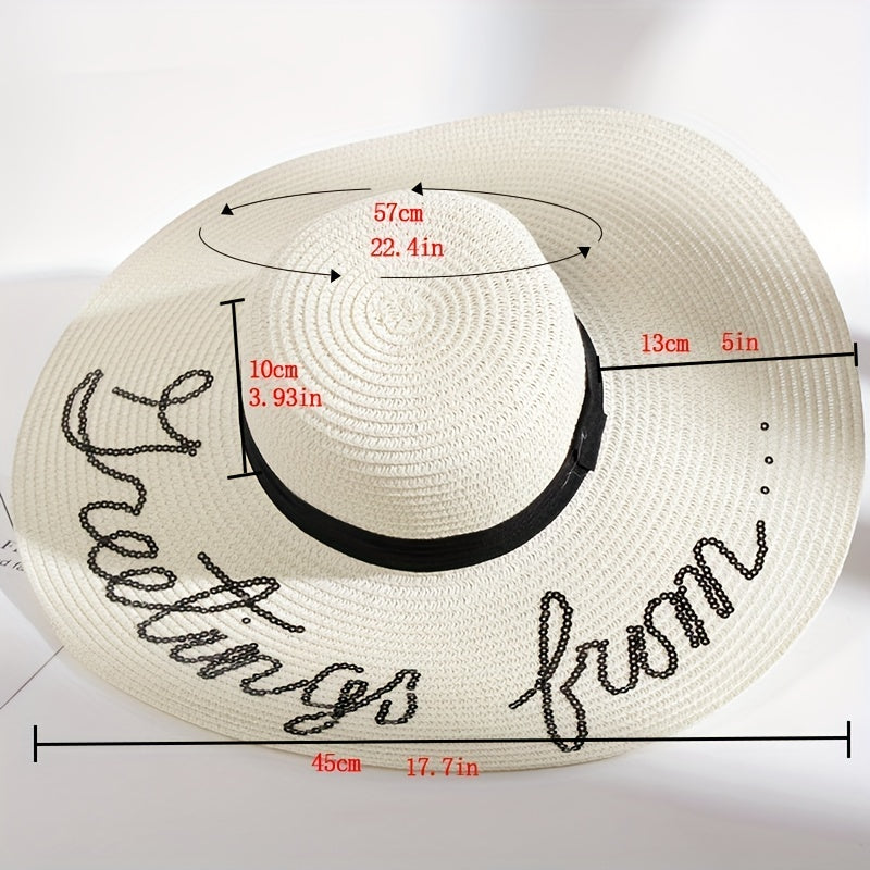 Sequin Letter Embroidery Floppy Straw Hat Wide Brim Travel Beach Hats