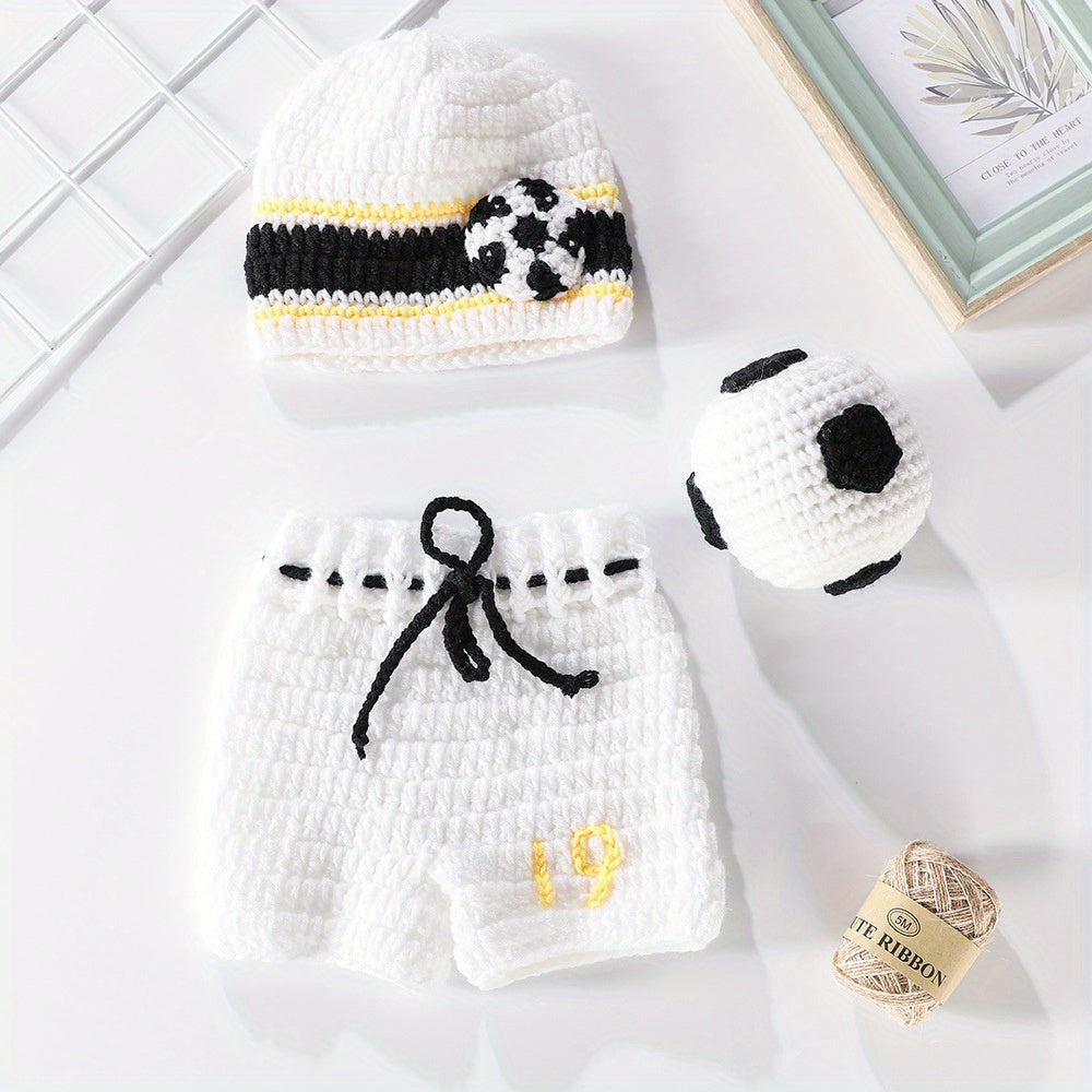 Newborn Baby Football Suit Photography Props Baby Hand knitted Hat Shorts Ball