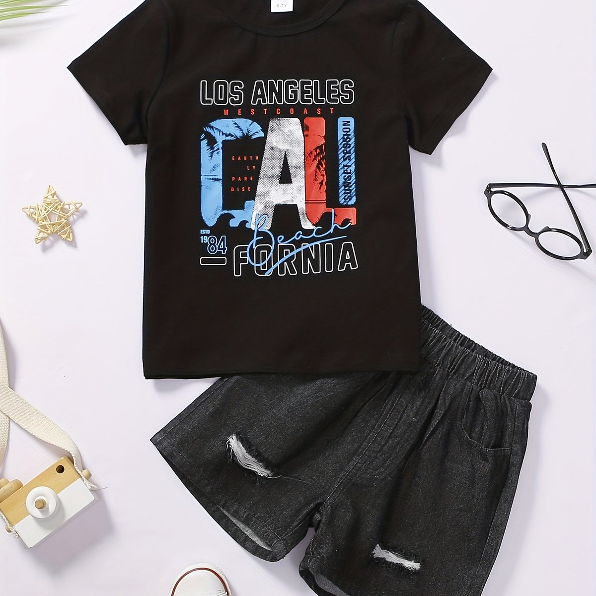 Alphabet T shirt & Denim Shorts Set for Boys Kids Summer Clothes