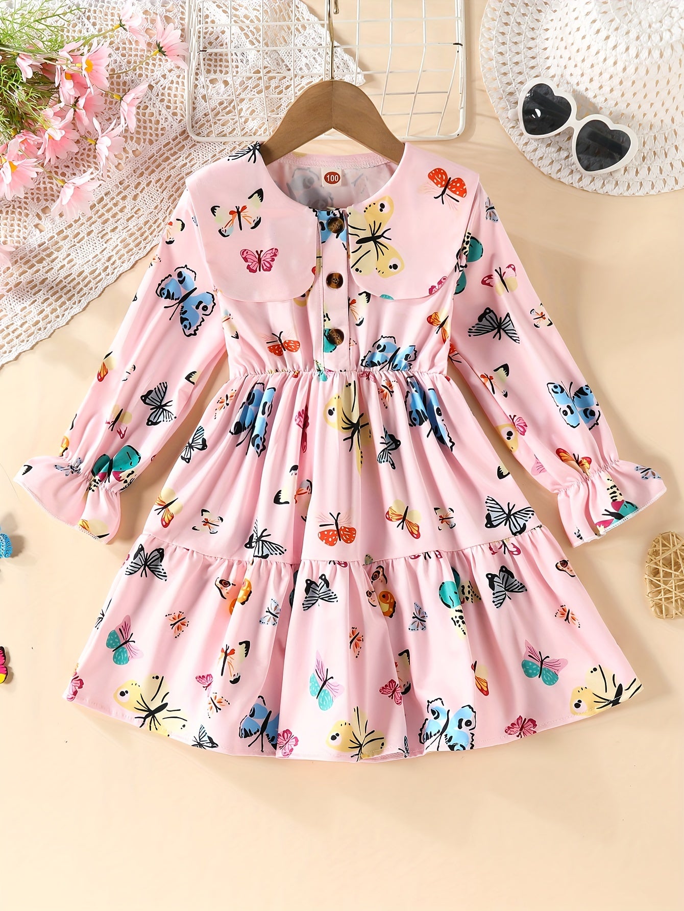 Girls Casual Butterfly Print Long Sleeve Dress