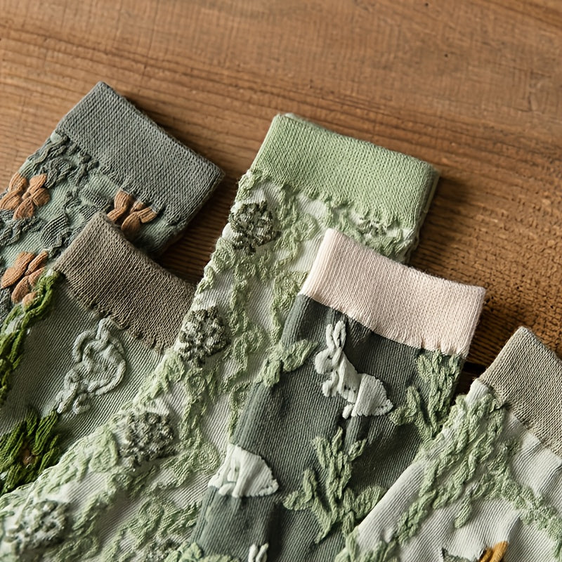 5 Pairs Floral Print Socks Women's Mid Tube Stockings Breathable