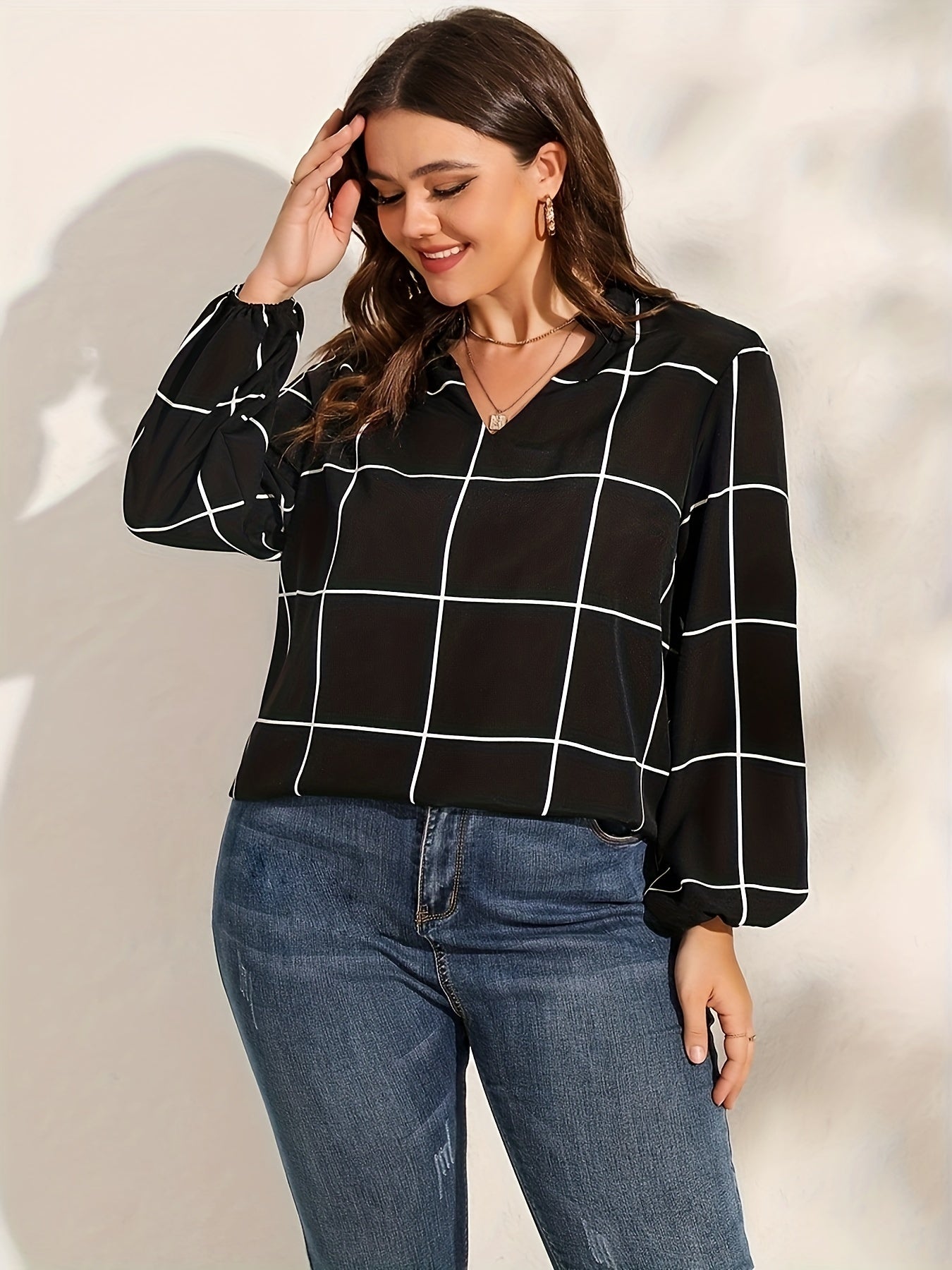  Casual Blouse Women's Plus Grid Print Notched Neck Tunic Top