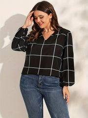  Casual Blouse Women's Plus Grid Print Notched Neck Tunic Top