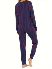 Heart Print Lounge Set Long Sleeve V Neck Top & Pants Women's