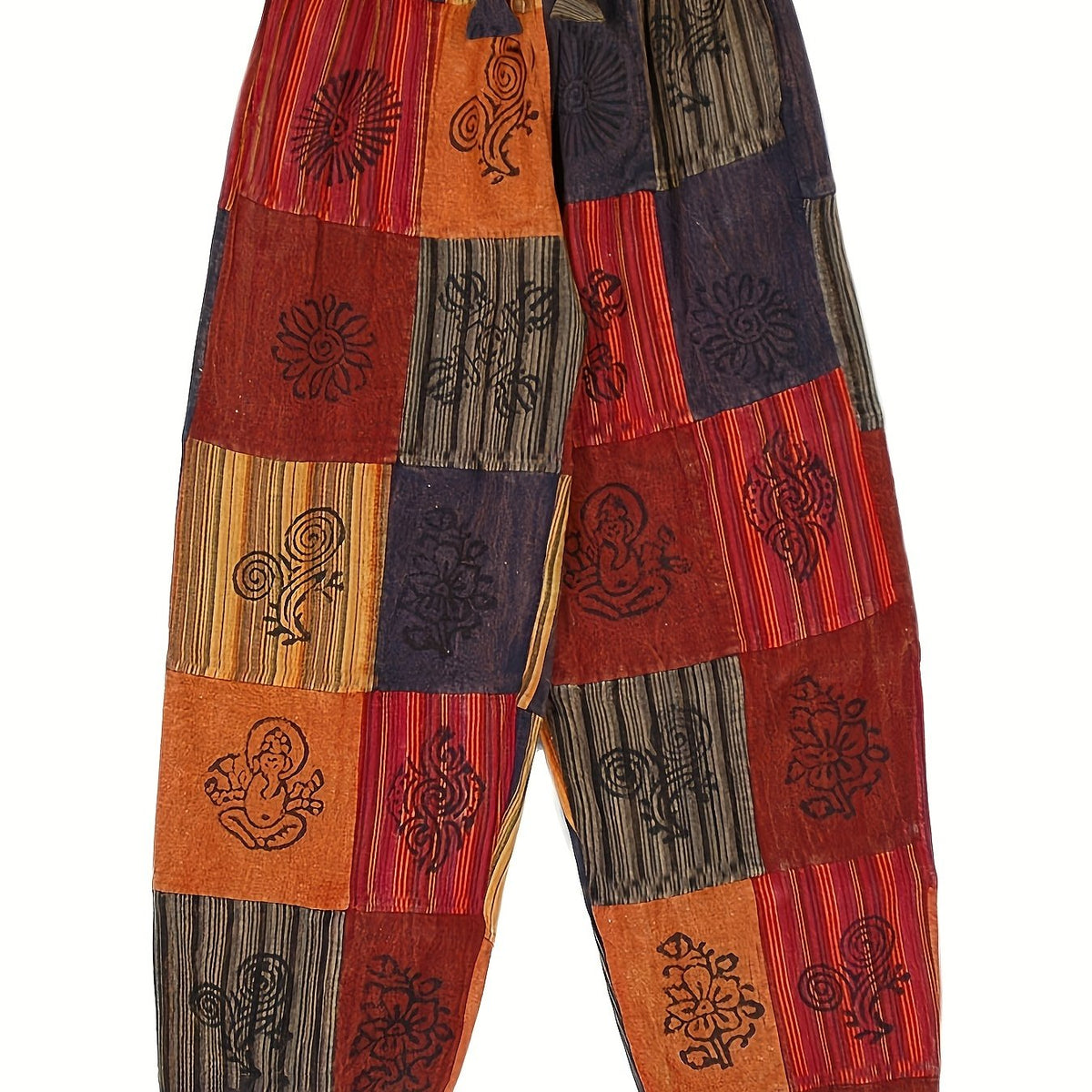 Hippie Graphic Print Drawstring Patchwork Pants Boho Loose Pants